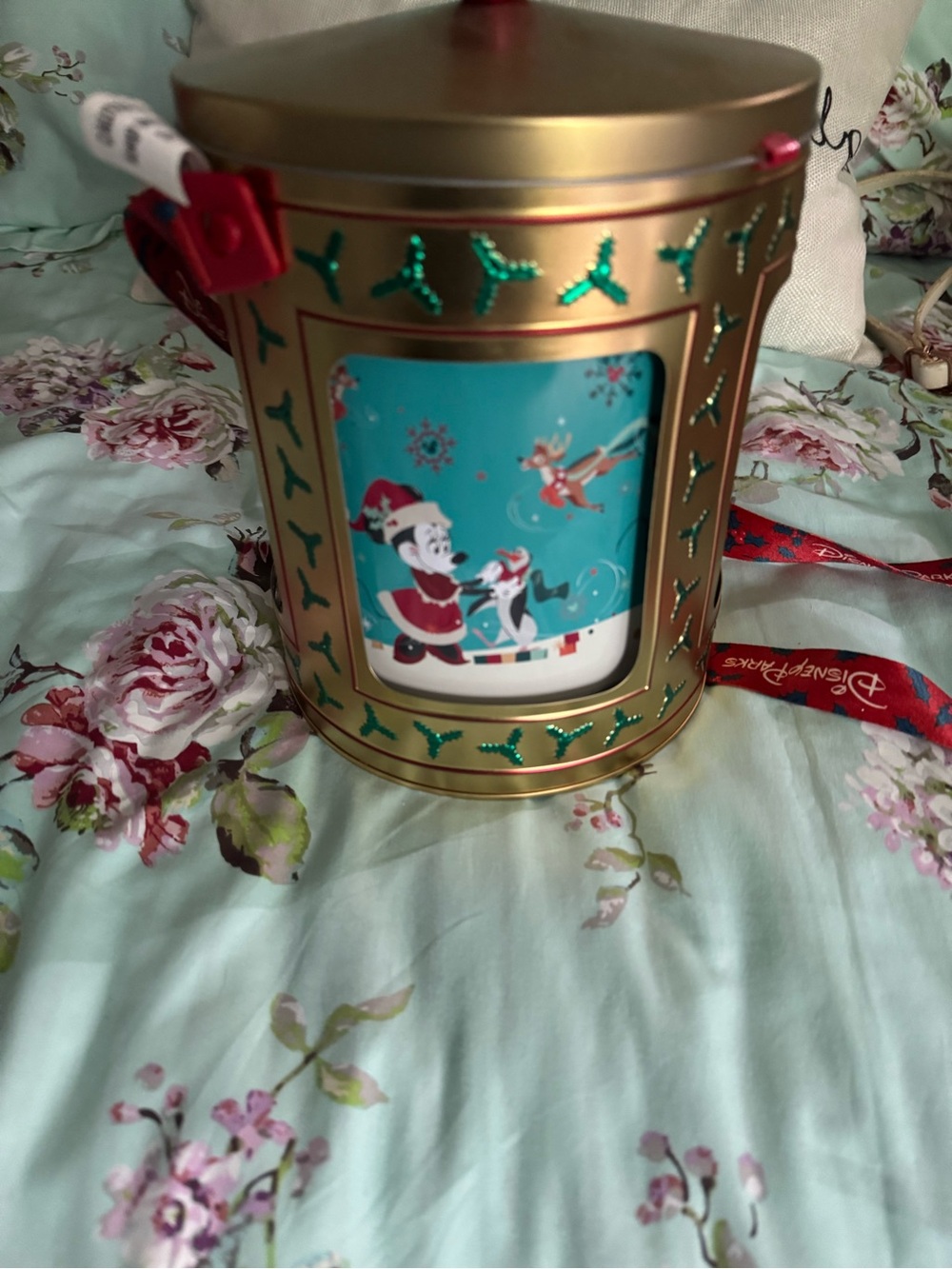 Disney Gold Holiday Music Tin with Teal and Red Accents